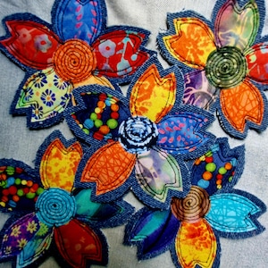 3 Denim Applique Flowers Handmade Unique Fabric Bright Quilting Cotton Upcycled Embellishments