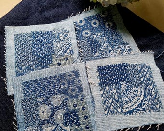 Handmade Boro Sashiko Fabric Patches (Set of 4), Textile Repair Appliqués