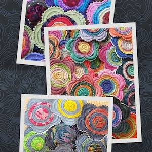 5 Handmade Fabric Batik Swirl Quilted Stacked Layer Flowers Appliques Label Tag Bright image 7