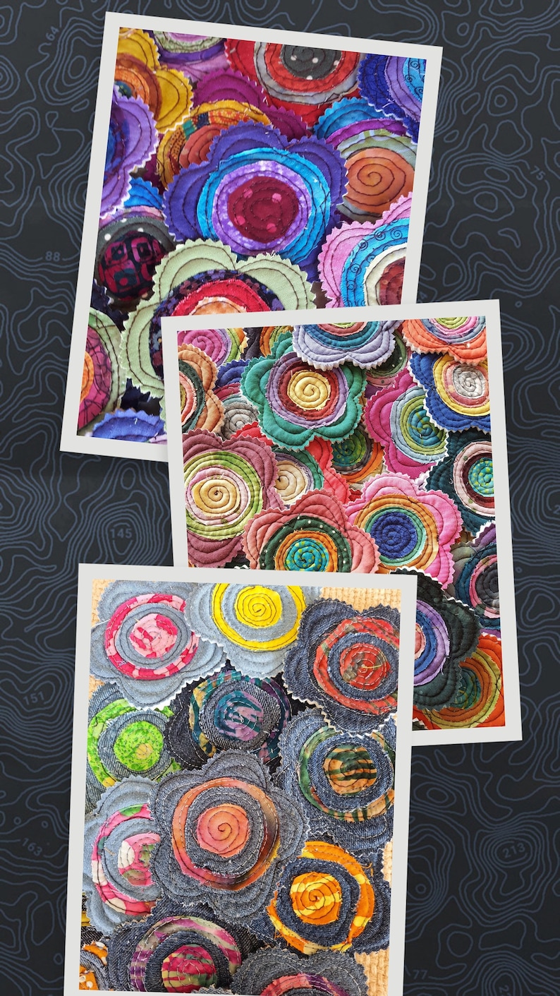 5 Handmade Fabric Batik Swirl Quilted Stacked Layer Flowers Appliques Label Tag Bright image 7