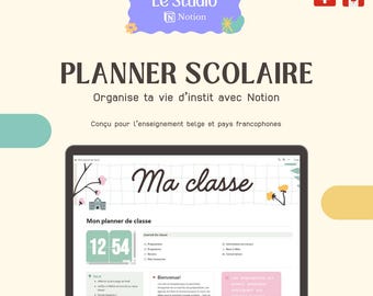 May include: A laptop screen displaying a planner for teachers, with the title "Ma classe" and the text "Mon planner de classe" and "12 54". The planner is designed for teachers in Belgium and French-speaking countries.