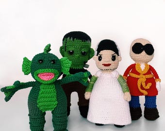 Universal Monsters inspirierte Braut von Frankenstein, Frankenstein und The Invisible Man Amigurumi handgemachte Puppen / Spielzeug