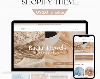Pode incluir: Um laptop e um smartphone exibem um tema de site para Radiant Jewels. O site apresenta joias, com o texto "Radiant Jewels, Timeless Beauty". A parte superior da imagem diz "Shopify Theme, OS 2.0 Template."