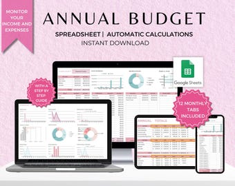 May include: A pink and white digital spreadsheet template for an annual budget. The template includes 12 monthly tabs and an annual totals tab. The template is designed for use with Google Sheets. The text "ANNUAL BUDGET" is displayed in a large font at the top of the image. The text "SPREADSHEET | AUTOMATIC CALCULATIONS" is displayed below the title. The text "INSTANT DOWNLOAD" is displayed below the subtitle. The text "WITH A STEP BY STEP GUIDE" is displayed in a pink circle in the lower left corner of the image. The text "12 MONTHLY TABS INCLUDED" is displayed in a pink circle in the lower right corner of the image.