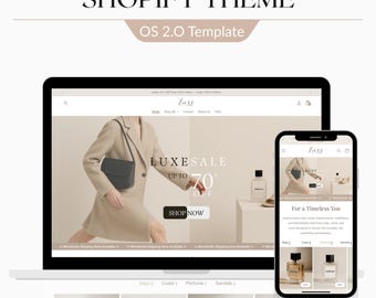 May include: A laptop and smartphone display a website with the text "LUXESALE" and "SHOP NOW". The website features images of handbags, coats, perfume, and sandals. The top of the image reads "SHOPIFY THEME" and "OS 2.0 Template".