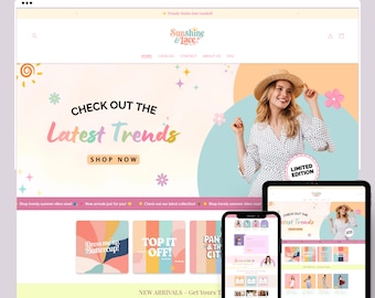 Könnte beinhalten: Ein Shopify-Theme-Website-Design mit einer hellen Farbpalette. Die Website zeigt eine Frau mit Hut und den Text "CHECK OUT THE Latest Trends". Ein Tablet und ein Telefon zeigen das Website-Design.