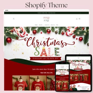 May include: A website design showcasing a Christmas sale with the text "Christmas SALE" and "Discount up to 50% off." The design includes festive decorations, a countdown timer, and product displays on various devices.