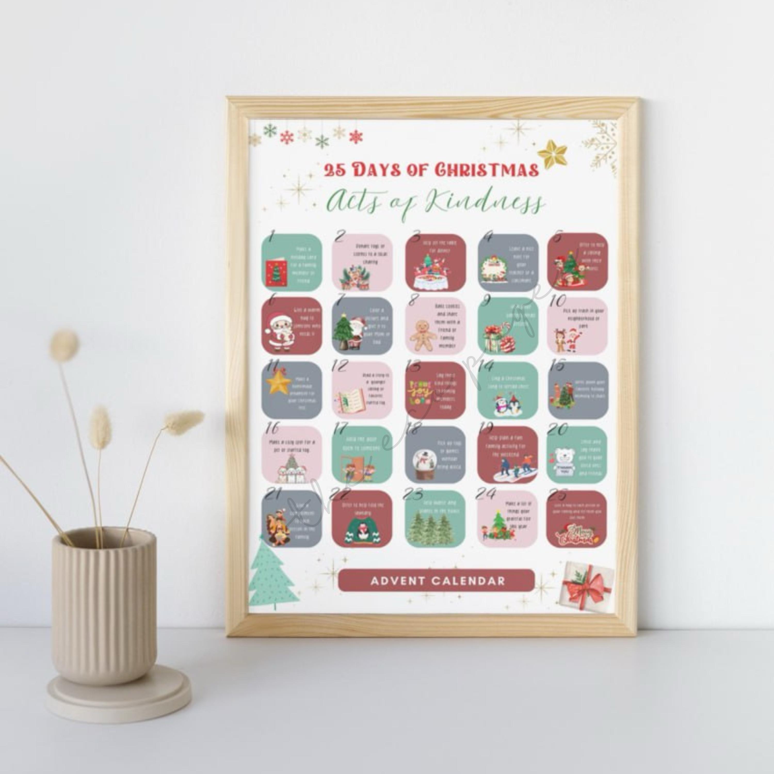 Printable Christmas Advent Calendar, 25 Days of Kindness (PDF, PNG, JPG ...