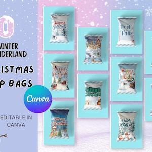 May include: A collection of ten Christmas-themed chip bags with various designs. Each bag features winter scenes and holiday greetings like "Seasons Greetings" and "Merry Christmas." The bags are displayed on a light blue background with snowflakes.
