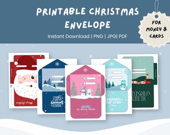 May include: A selection of printable Christmas envelope designs, showcasing festive imagery like Santa, snowmen, and winter landscapes. Text includes "Printable Christmas Envelope" and "For Money & Cards". Instant download.