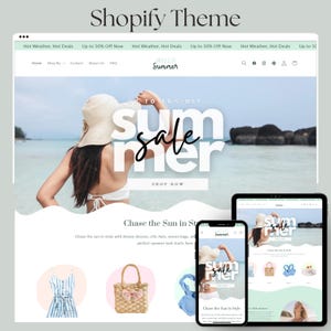 May include: A website design mockup with a summer theme. The main image shows a woman in a white hat on a beach with the words "Summer Sale". Additional mockups are displayed on a tablet and smartphone.