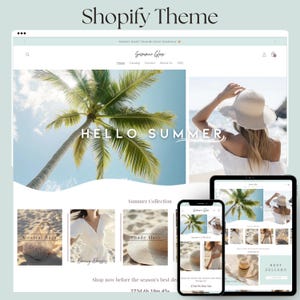 May include: A website homepage for a summer clothing store called "Summer Glow". The homepage features a palm tree against a blue sky with the text "HELLO SUMMER" in a white cursive font. The website also features a collection of summer clothing, including coastal bags, breezy dresses, and shade hats. The website also features a countdown timer for a sale.