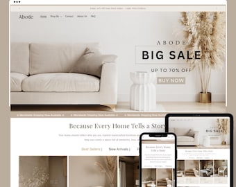 Peut inclure: Conception de site web pour un thème Shopify de décoration intérieure. On y voit un canapé beige, une table d'appoint blanche et le texte "BIG SALE" et "Up to 70% Off". Une tablette et un téléphone affichent le site web.