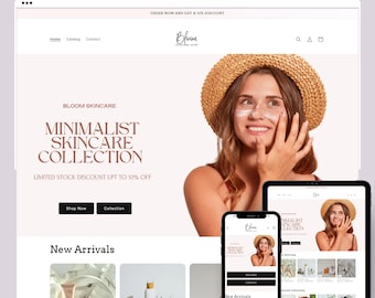 Skincare Shopify Theme | Minimalist Beauty and Wellness Website Design Template | Shopify 2.0, Canva Editable Banners