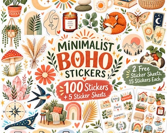 Puede incluir: Una colección de 100 pegatinas con ilustraciones de plantas, una luna creciente, un sol, una vela, un zorro, una mariposa, cristales, una ballena y una silla. El texto central dice Minimalist Boho Stickers 100 Stickers + 5 Sticker Sheets.
