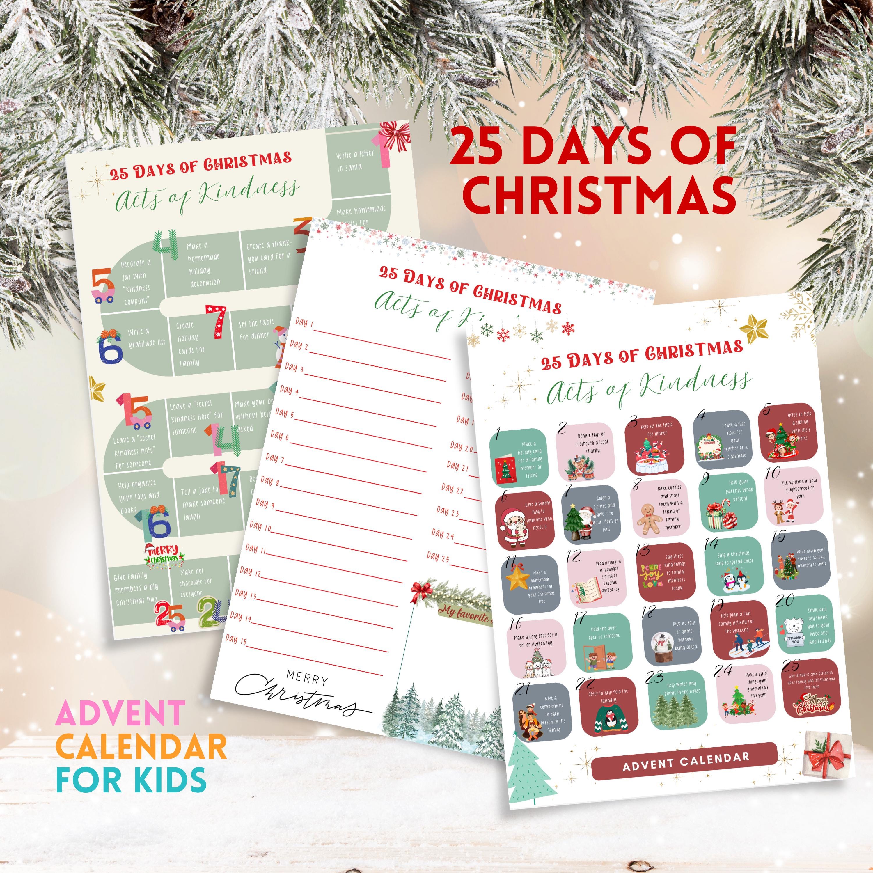 Printable Christmas Advent Calendar, 25 Days of Kindness (PDF, PNG, JPG ...