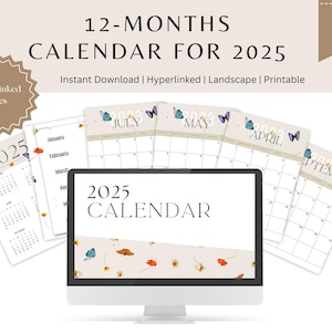 2025 Digital Calendar,2025 Calendar Planner,Calendar Printable,Hyperlinked Monthly Calendar,Cute Calendar,12 Months Calendar