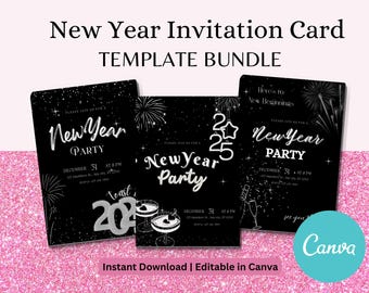 Könnte beinhalten: Ein New Year Einladungskarten-Vorlagenpaket. Das Design zeigt drei schwarze Karten mit weißem Text und Grafiken. Auf den Karten steht "New Year Party" und das Datum und die Uhrzeit. Die Worte "Toast 2025" sind ebenfalls sichtbar.