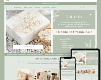 Boutique Shopify Theme, Shopify 2.0 Sage Green Website Design Template, Handmade Soap and Skincare