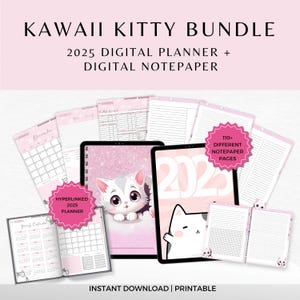 Pacote Kawaii, Gatinho Kawaii, Agenda Digital e Papel de Notas 2025, Agenda de Gatinhos Fofos, GoodNotes, Notabilidade, Diário para Imprimir, Anotações Estéticas
