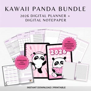 2026 Digital Planner,Notepaper Bundle, Kawaii Panda, GoodNotes, Notability, Printable Journal
