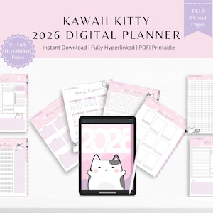 Digitale planner Kawaii Kitty 2026 | Dagelijkse, wekelijkse en maandelijkse planner-pdf voor GoodNotes & Notability