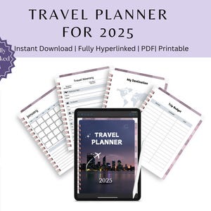 Planejador de viagens digital 2025 | 4 capas | Mais de 120 páginas em PDF | Hiperlink | Planejador de férias, viagens, viagens rodoviárias | Organizador de viagens