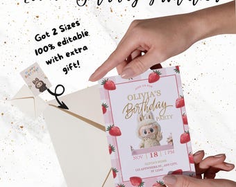 Faire-part d'anniversaire Labubu, invitation de fête d'anniversaire Labubu, modèle d'anniversaire, invitation imprimable, modèle de toile modifiable, téléchargement immédiat