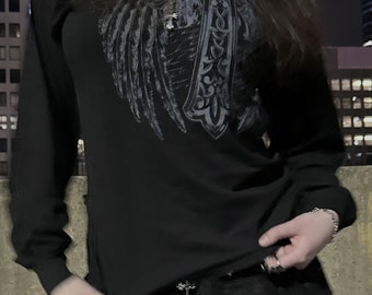 Maglietta a maniche lunghe con ali incrociate Y2K Goth: Streetwear grunge