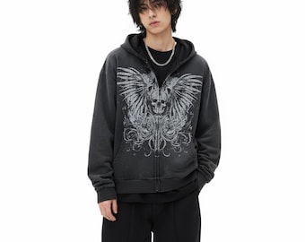 alternative emo alt hoodie sweater zip up with skulls cross goth y2k hoodie