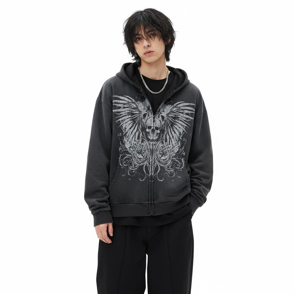 Alternative Emo Alt Hoodie Sweater Zip up With Skulls Cross Goth