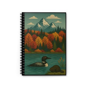 Cuaderno de espiral con diseño de escena natural de un somormujo y un castor, con renglones anchos, ideal para escribir, dibujar y disfrutar de aventuras al aire libre. Regalo perfecto.