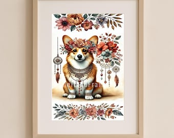 空飛ぶコーギー犬のアートプリント：風変わりな壁飾り - Etsy 日本