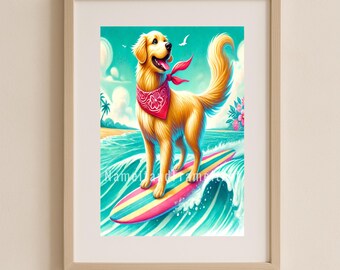 May include: A golden retriever dog wearing a red bandana is surfing on a colorful surfboard in a blue ocean with white waves. The dog is smiling and has its tongue sticking out.