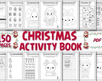 Puede incluir: Un libro de actividades navideñas con 150 páginas, con varias ilustraciones festivas. El libro incluye páginas para colorear, ejercicios de trazo y juegos de emparejamiento. La portada muestra el título "Christmas Activity Book" en letras rojas.