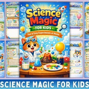 May include: A Science Magic for Kids book cover featuring a cartoon cat in a lab coat performing experiments with a volcano, beakers, and a yellow balloon. The text reads Science Magic for Kids, Fun & Easy Experiments at Home, Page: 25, and Size: 6x9.