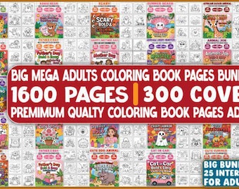 May include: A collection of adult coloring books with various themes, including Halloween, animals, and seasonal topics. The image features a large banner stating "Big Mega Adults Coloring Book Pages Bundle" with 1600 pages and 300 covers.