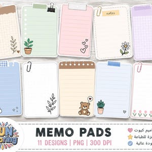 Puede incluir: Una colección de diez blocs de notas rectangulares con varios colores pastel, patrones de cuadrícula o líneas, e ilustraciones decorativas que incluyen plantas, corazones, un osito de peluche y una nube. Cada bloc está decorado con clips o cinta.