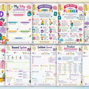Może przedstawiać: Kolekcja dziesięciu kolorowych stron planera zatytułowana The ADHD Brain-Friendly Planner. Każda strona zawiera pastelowe ilustracje, w tym mózgi, kubki i artykuły papiernicze, z sekcjami tekstowymi do planowania, wdzięczności i notatek.