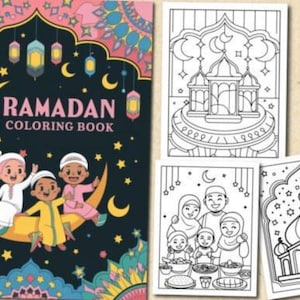 Può includere: Un libro da colorare del Ramadan con una copertina raffigurante bambini su una luna crescente. Il libro è circondato da pagine da colorare con illustrazioni di moschee e famiglie. La copertina riporta la scritta "Ramadan Coloring Book".