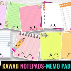 May include: A collection of eleven Kawaii-style notepads and memo pads in various colors, including pink, green, and yellow. Each pad features a cute face design and decorative elements like stars, flowers, and pencils. The image includes the text "KAWAII NOTE PADS - MEMO PADS".