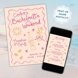 Editable bachelorette itinerary and invite template shown on a phone and printed version with pink and orange design. Perfect for beach bachelorette parties, Last Spritz themes, and destination weekends. Fully customizable in Canva, ideal for bridesmaids or party planners organizing tropical girls’ trips, coastal celebrations, or summer bachelorette events
