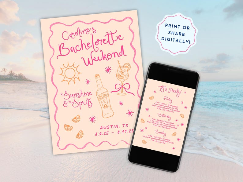 Editable bachelorette itinerary and invite template shown on a phone and printed version with pink and orange design. Perfect for beach bachelorette parties, Last Spritz themes, and destination weekends. Fully customizable in Canva, ideal for bridesmaids or party planners organizing tropical girls’ trips, coastal celebrations, or summer bachelorette events