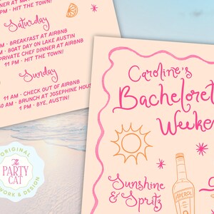 Close-up of printed bachelorette itinerary in pink and orange Aperol-inspired colors with beach-themed illustrations. Perfect for summer bachelorette parties, tropical weekends, and coastal getaway celebrations. Great for bridesmaids planning a Last Spritz trip or coordinating group party activities.