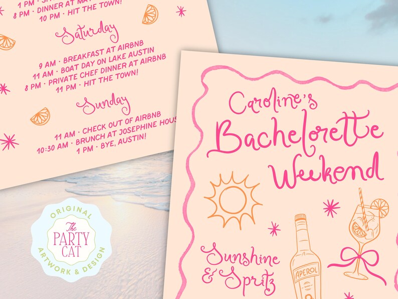 Close-up of printed bachelorette itinerary in pink and orange Aperol-inspired colors with beach-themed illustrations. Perfect for summer bachelorette parties, tropical weekends, and coastal getaway celebrations. Great for bridesmaids planning a Last Spritz trip or coordinating group party activities.