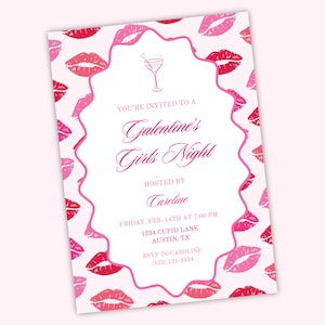 Editable Galentine&#39;s Day Party Invitation Template | Valentines Girls Night Canva Invite, Fun Lipstick Kiss Design, Customizable Girls Night