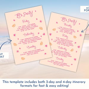 Side-by-side preview of 3-day and 4-day itinerary format options included in every template for easy editing. Allows you to quickly customize your party schedule based on the length of your weekend or celebration. Both versions are fully editable in Canva, making it simple to create the perfect itinerary for bachelorettes, birthdays, or any multi-day event.