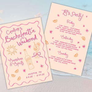 Printed Spritz-themed bachelorette itinerary and invitation templates displayed side by side. Designed in fun pink and orange tones with cocktail, sun, and beach graphics. Editable in Canva for bachelorettes, destination weekends, lake trips, and girls’ getaways. Perfect printable for coordinating party decor.