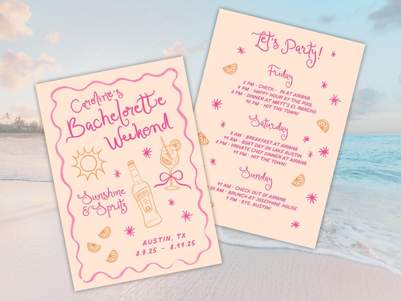Printed Spritz-themed bachelorette itinerary and invitation templates displayed side by side. Designed in fun pink and orange tones with cocktail, sun, and beach graphics. Editable in Canva for bachelorettes, destination weekends, lake trips, and girls’ getaways. Perfect printable for coordinating party decor.