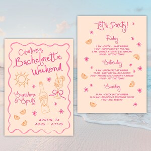 Flat lay of pink and orange editable bachelorette itinerary on a beach-inspired background. Canva template features a playful and modern design, ideal for coordinating with printable invitations, signs, and custom party details. Great for summer party themes like Last Spritz or Final Fiesta.